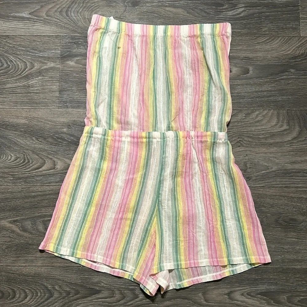 NWT BECCA Size Medium Marbella Stripes Strapless Sheer Short Romper Pink Yellow - Picture 11 of 12